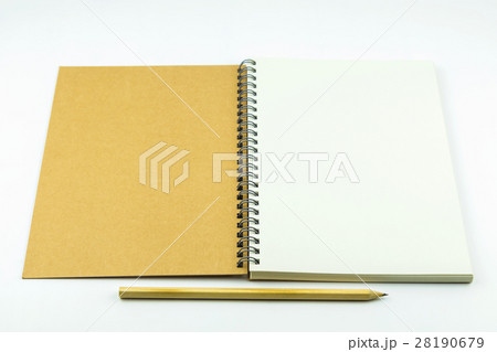 open notebook cover with pencil white background 28190679