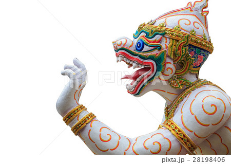 Traditional Thai style Hanuman or monkey statue in public temple in Thailand. Isolated on white. Save with clipping path 28198406