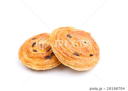Sweet Danish pastries with custard and raisins isolated on white background 28198704