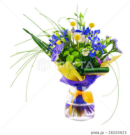Flower bouquet from roses, green carnation, iris and statice flowers. Flower bouquet from roses, green carnation, iris and statice flowers. 28203623