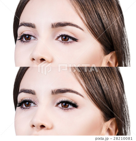Female eyes before and after eyelash extension 28210081