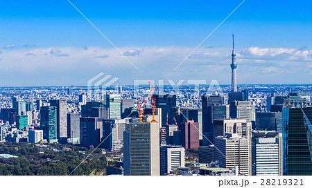 六本木ヒルズから眺める丸の内の町並みと東京スカイツリーの写真素材