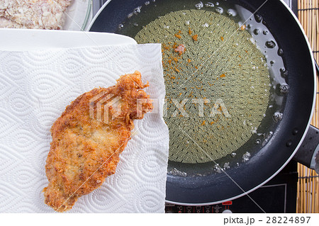 Chef keeping deep fried pork from pan 28224897