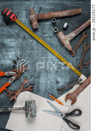 The set of construction tools on wooden table The set of construction tools on wooden table 28226277