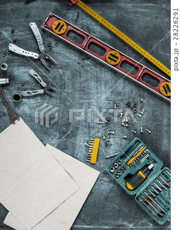 The set of construction tools on wooden table The set of construction tools on wooden table 28226291