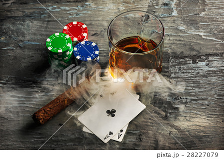 Cigar, chips for gamblings, drink and playing 28227079