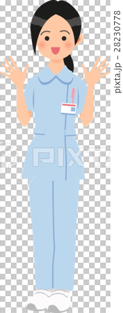 A woman wearing a pants style blue nurse clothes and a banzai 28230778