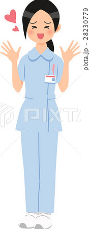 パンツスタイルの青いナース服を着て大喜びする女性 パンツスタイルの青いナース服を着て大喜びする女性 28230779