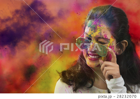 Portrait of an Indian girl at Holi Color festival 28232070