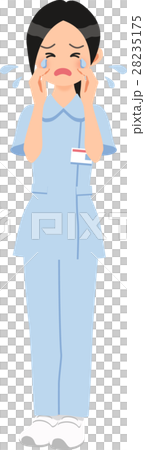 パンツスタイルの青いナース服を着て号泣する女性 28235175
