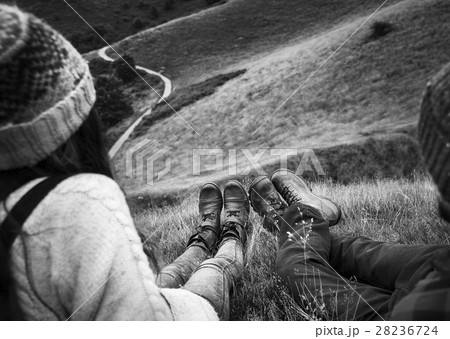 People Rear View Sitting Mountain Carefree Togetherness Concept 28236724