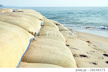 Sand bags for protect the collapse of the beach Sand bags for protect the collapse of the beach 28246273