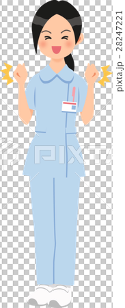 パンツスタイルの青いナース服を着た拳を握りしめて喜ぶ女性 28247221