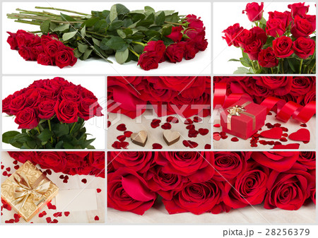 Collection of fresh valentine red roses and heart Collection of fresh valentine red roses and heart 28256379