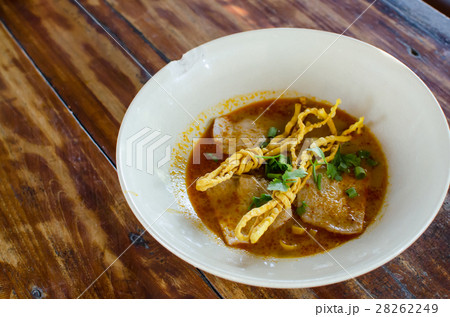 Close up Thai Red Curry Pork Noodle Spicy. 28262249
