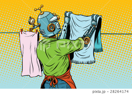 Vintage robot employee hangs up to dry clothes 28264174