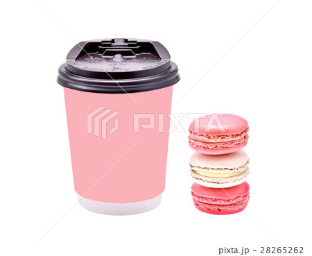 pink paper cup and macarons isolated on a white pink paper cup and macarons isolated on a white 28265262