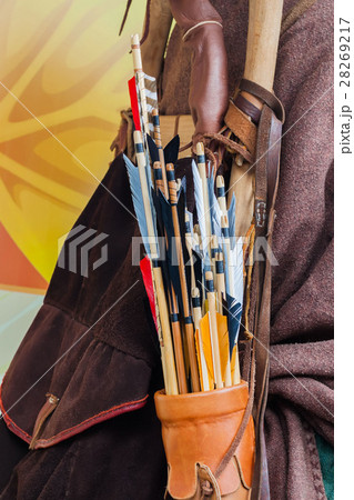 Old set of historic wooden arrows with bright Old set of historic wooden arrows with bright 28269217