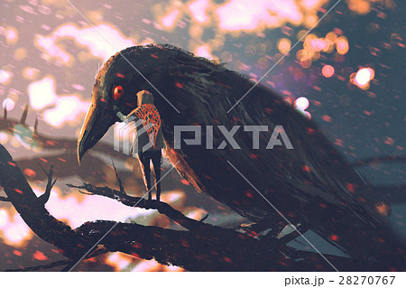man whispering the big crow on a tree branch 28270767