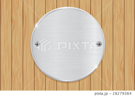 Round metal plate on wooden background 28279364