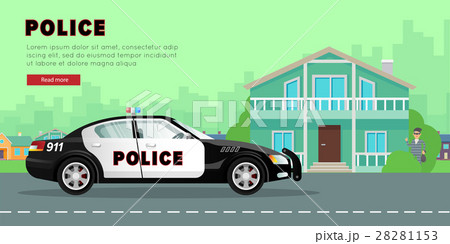 Police Car on the Street near Bank with Robber. Police Car on the Street near Bank with Robber. 28281153