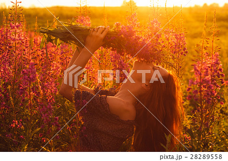 Beautiful girl on field, sun backlight, sunrise Beautiful girl on field, sun backlight, sunrise 28289558