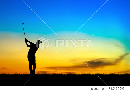 silhouette golfer playing golf during at sunset silhouette golfer playing golf during at sunset 28292294