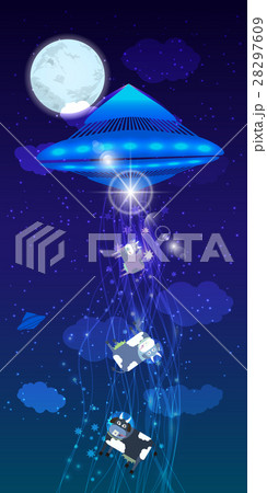 UFO abduction of a herd cows. illustration UFO abduction of a herd cows. illustration 28297609