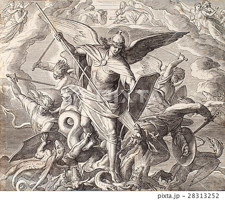 Archangel Michael fighting with dragon, engraving 28313252