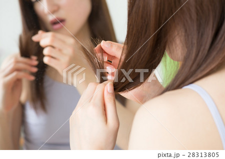 髪の枝毛を気にする若い20代女性 28313805
