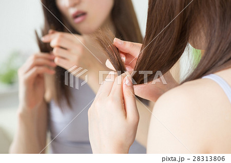 髪の枝毛を気にする若い20代女性 28313806