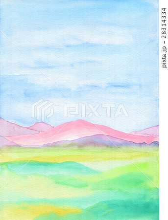 手描き水彩風景画でピンク色の丘陵と青空のイラスト素材