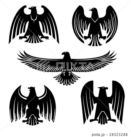 Black Eagle Hawk Or Falcon Heraldic Symbol Setのイラスト素材 2232