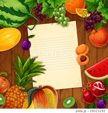 Fruits with blank paper on wooden background 28323292