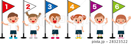 小学校運動会の徒競走 旗 順位 1着2着3着4着5着6着のイラスト素材