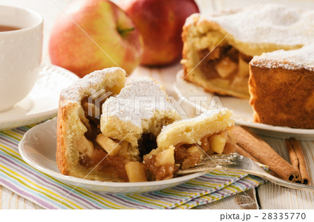 Apple pie and cup of tea on white background Apple pie and cup of tea on white background 28335770