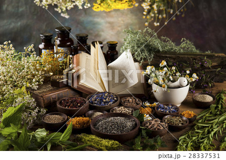 Herbal medicine and book on wooden table Herbal medicine and book on wooden table 28337531