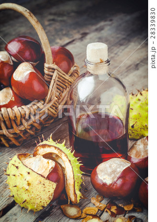 chestnuts in basket and bottle with tincture 28339830