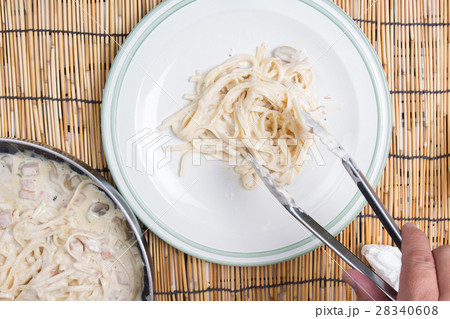 Spaghetti lifted from the pan with tongs 28340608