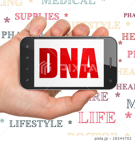 Health concept: Hand Holding Smartphone with DNA Health concept: Hand Holding Smartphone with DNA 28344702