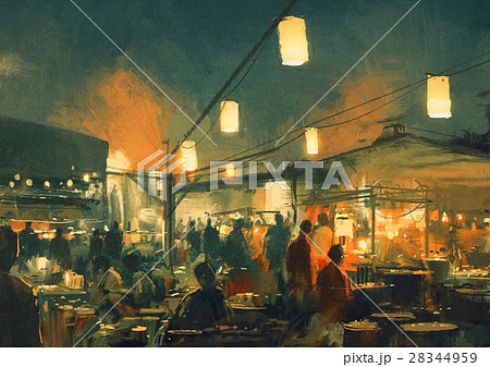 crowd of people walking in the market at night 28344959