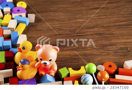 Frame, Set of children toys, Wooden background 28347100