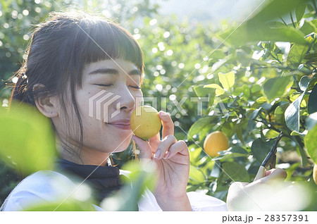 レモンの香りを嗅ぐ女性 28357391