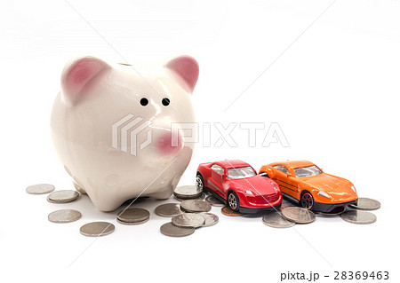 piggy bank with car and coin on white background piggy bank with car and coin on white background 28369463