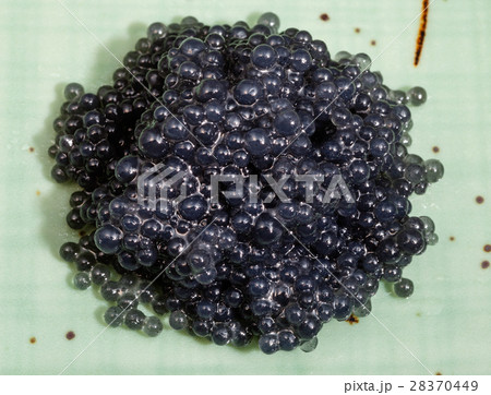 black salty caviare of halibut on green plate 28370449