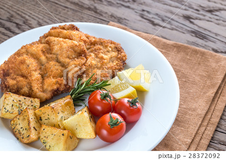 Portion of schnitzel with garnish Portion of schnitzel with garnish 28372092