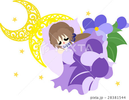 眠っている可愛い女の子とスミレのベッドのイラストのイラスト素材