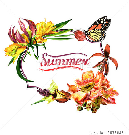 Tropical Hawaii leaves and flowers frame in a 28386824