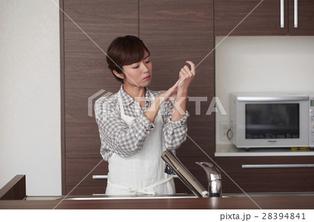 キッチンに立ち水仕事をする女性 28394841