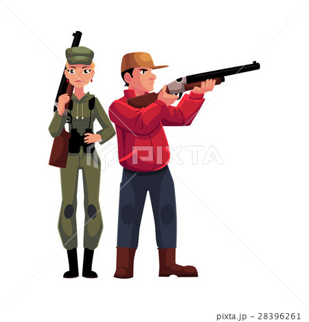 Two typical hunters, male and female, standing Two typical hunters, male and female, standing 28396261